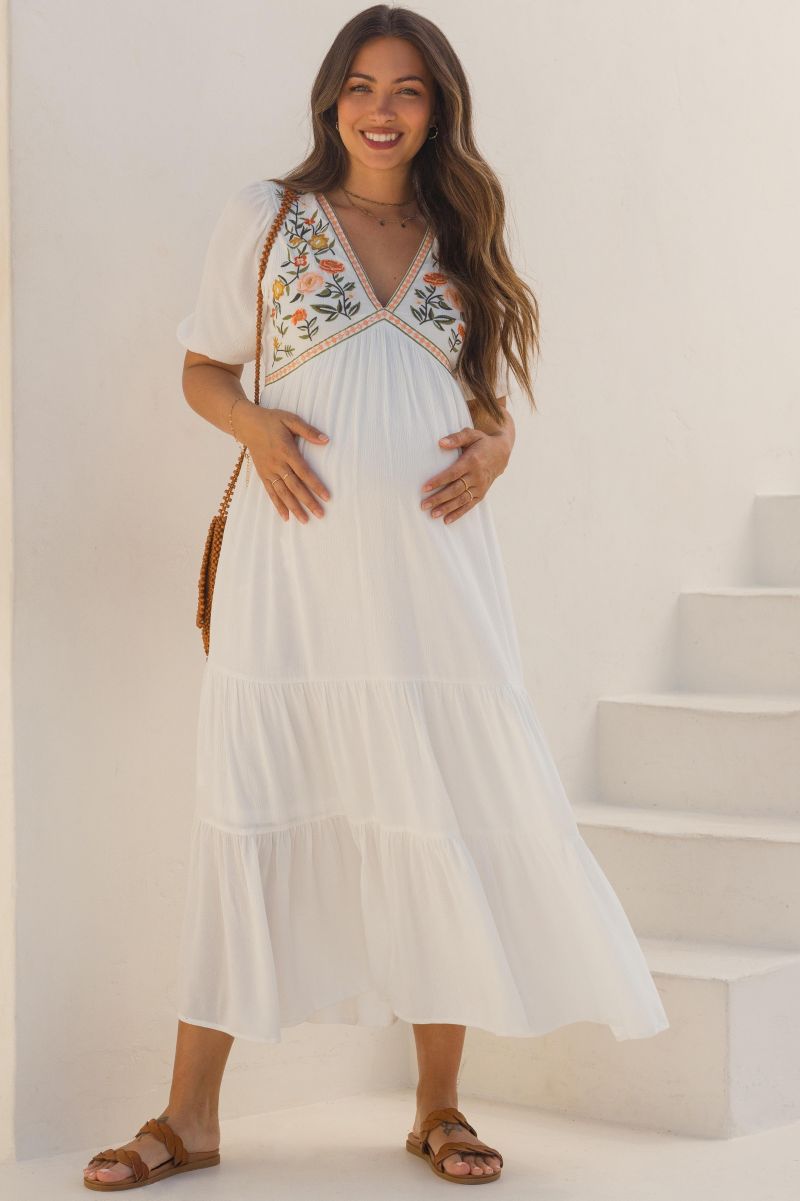 Women's Ivory Floral Embroidered Midi Dress