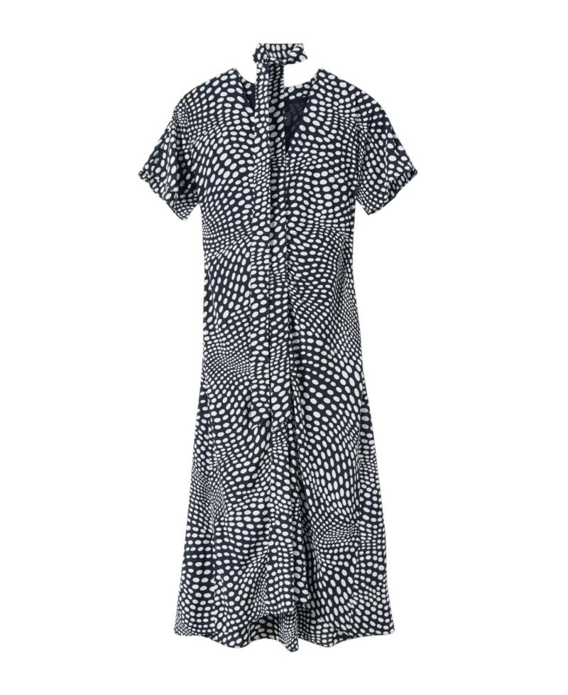 Women's Mixed Dot Scarf Polka-Dot Tie-Neck Short-Sleeve Midi Dress
