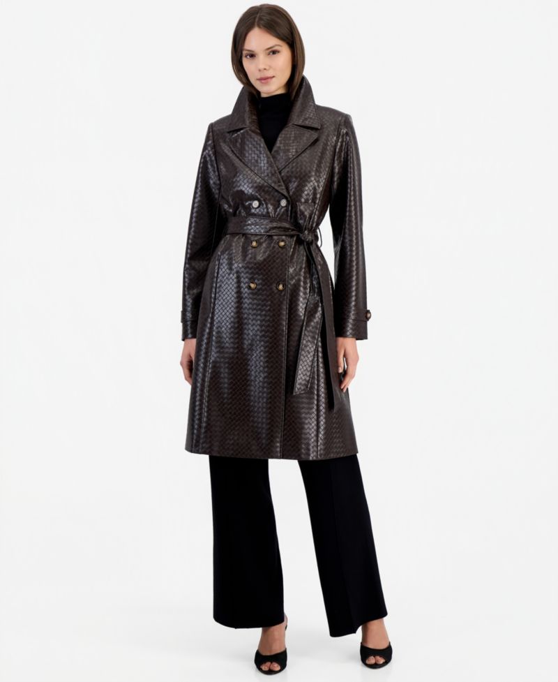 Women's Faux Leather Lined Belted Trench