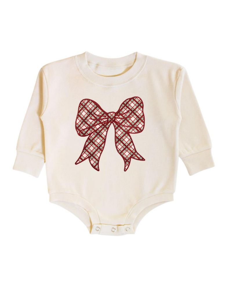 Baby Girls Christmas Plaid Bow Patch Long Sleeve Romper