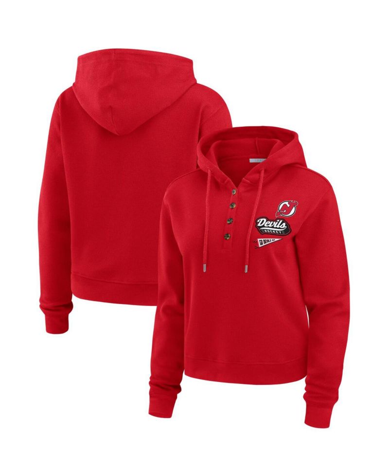 Women's Red New Jersey Devils Waffle-Knit Pullover Hoodie