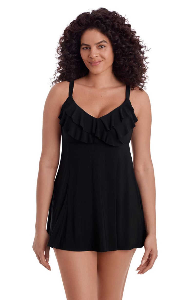 Women's Solid Black Ruffle Front Long Torso Swim Dress