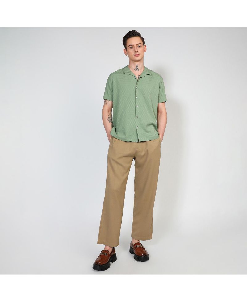 Men's Pistachio Green Embroidered Creased Shirt