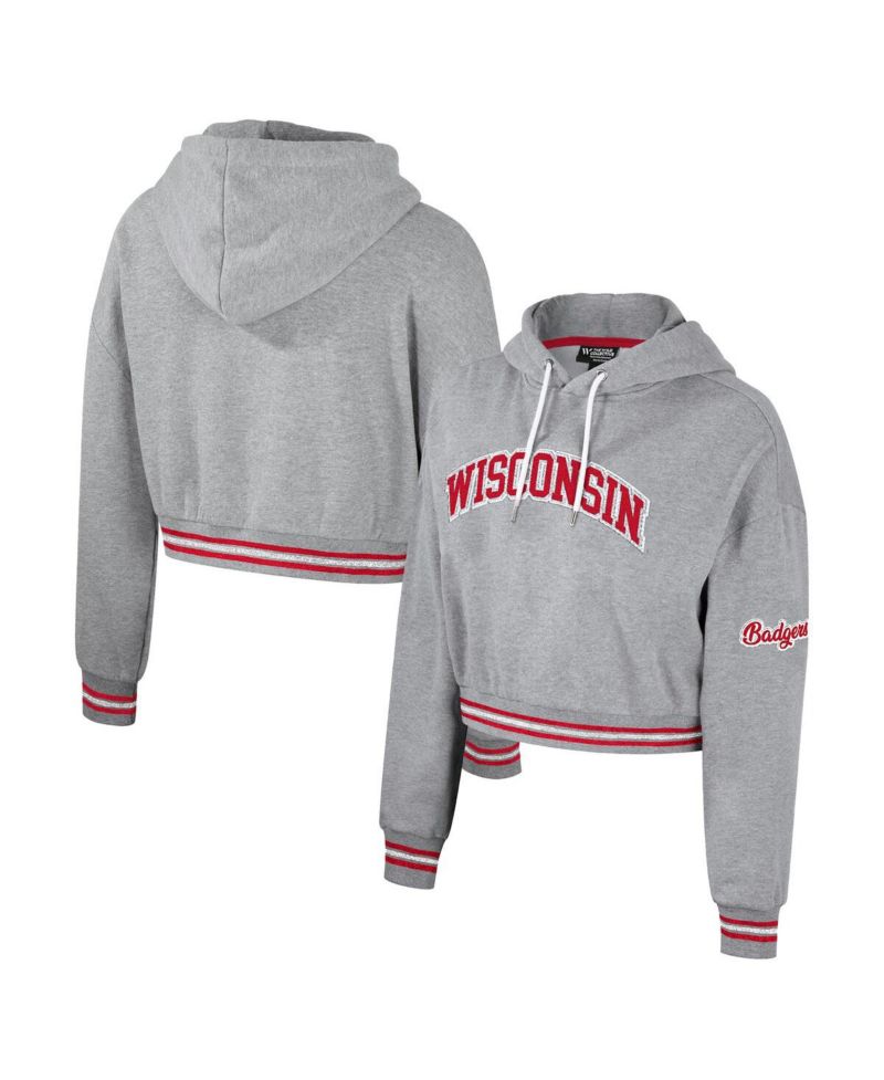 Women's Heather Gray Distressed Wisconsin Badgers Cropped Shimmer Pullover Hoodie