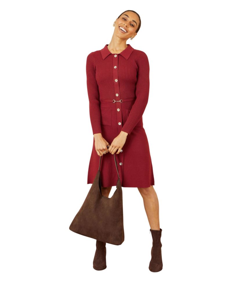 Women's Belted Rib Knit Midi Dress With Pockets