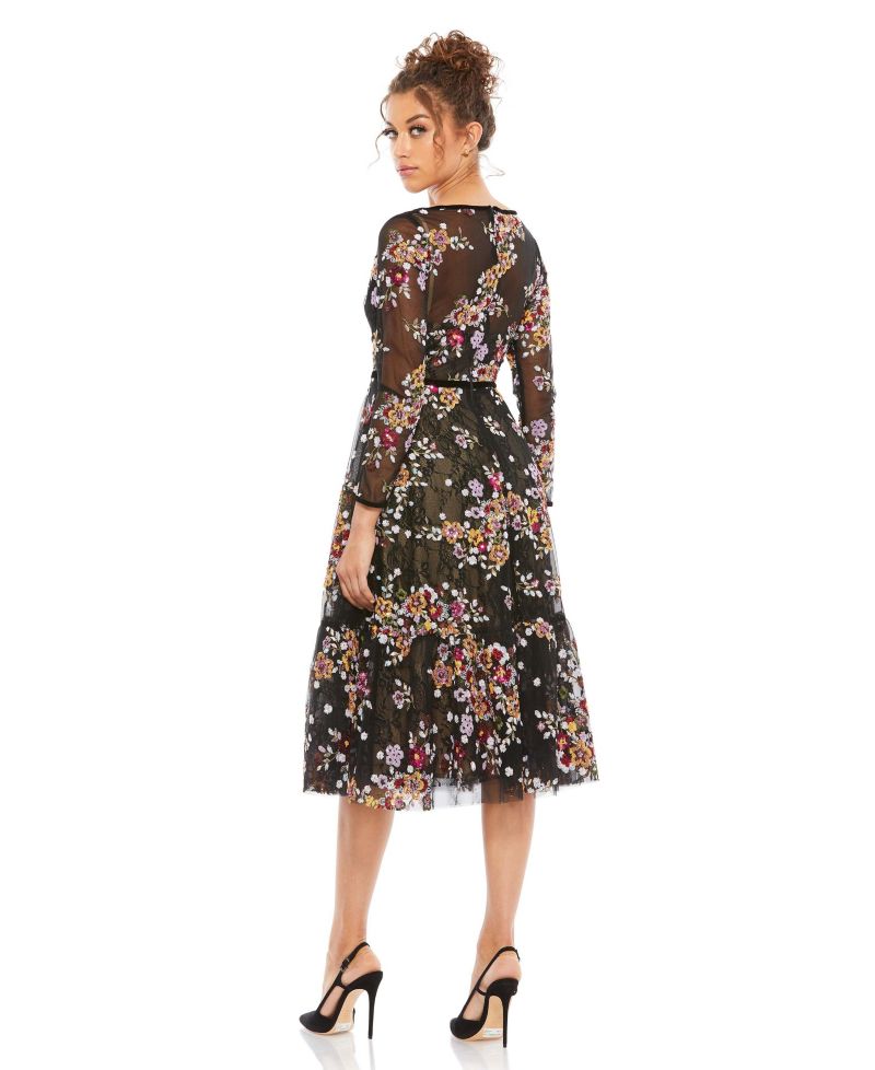 Women's Black Floral Embroidered Tea Length Dress