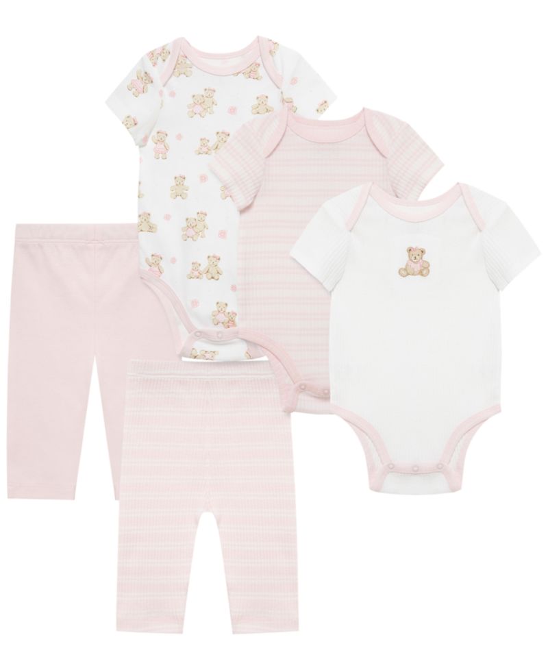 Baby Girls' Cotton Short-Sleeve Bodysuit and Pants, 5-Piece Set