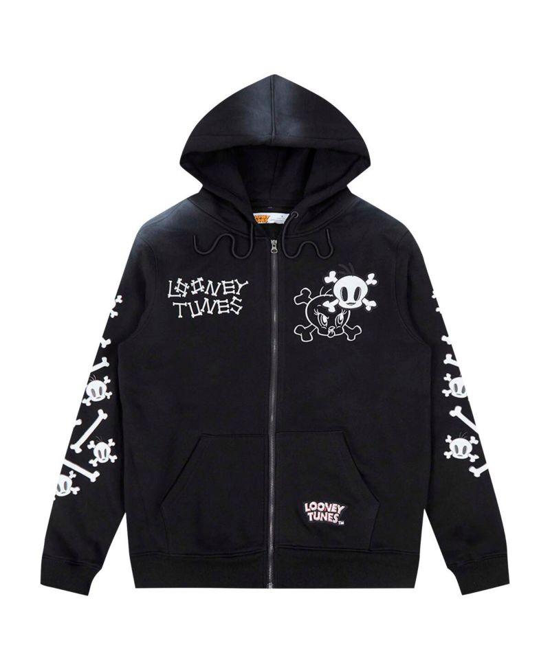 Men's Black Looney Tunes Tweety Bones Hoodie Full-Zip Sweatshirt