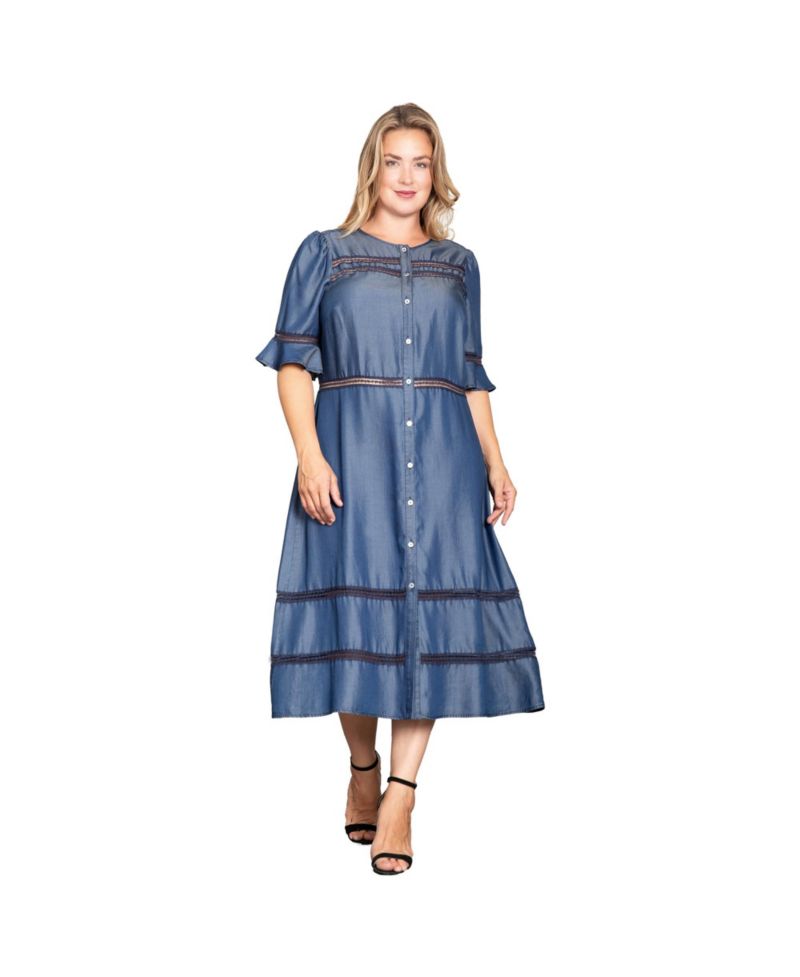 Women's Lace Detailing Trim Tencel Denim Midi Dress