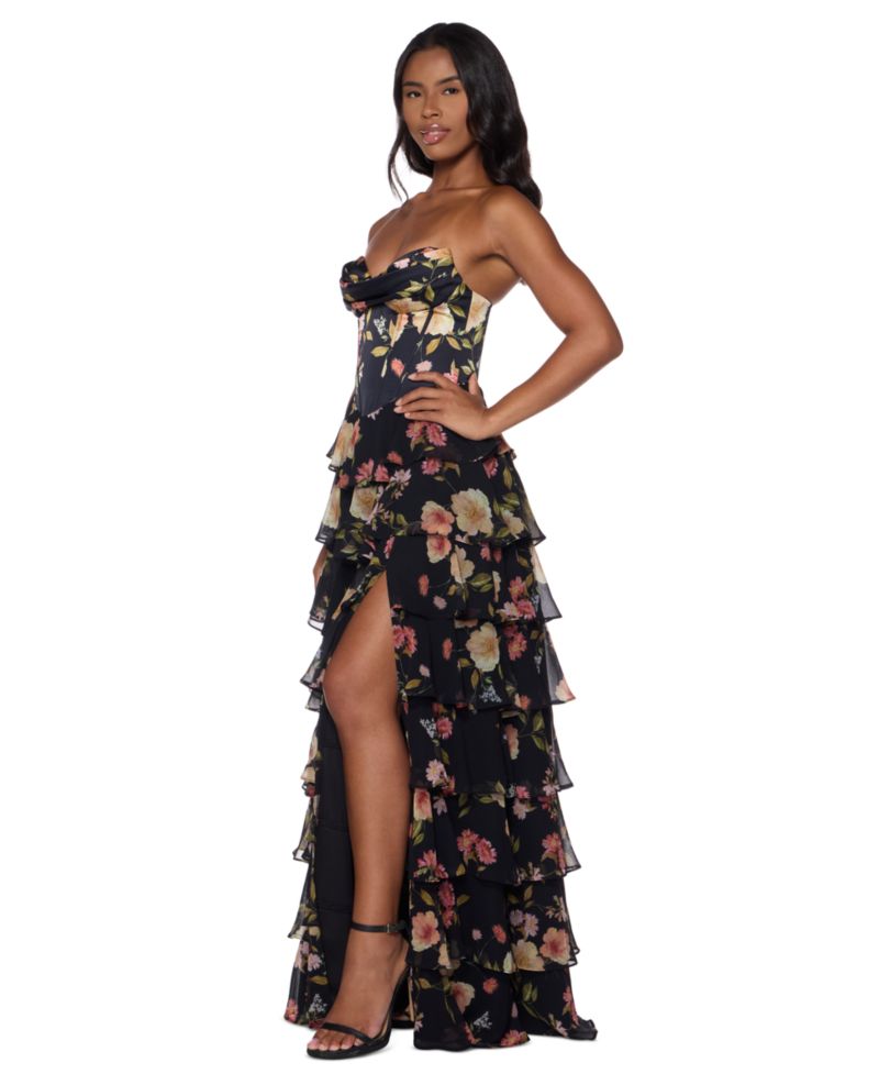 Juniors' Strapless Sweetheart-Neck Corset-Style Bodice Tiered Skirt Dress