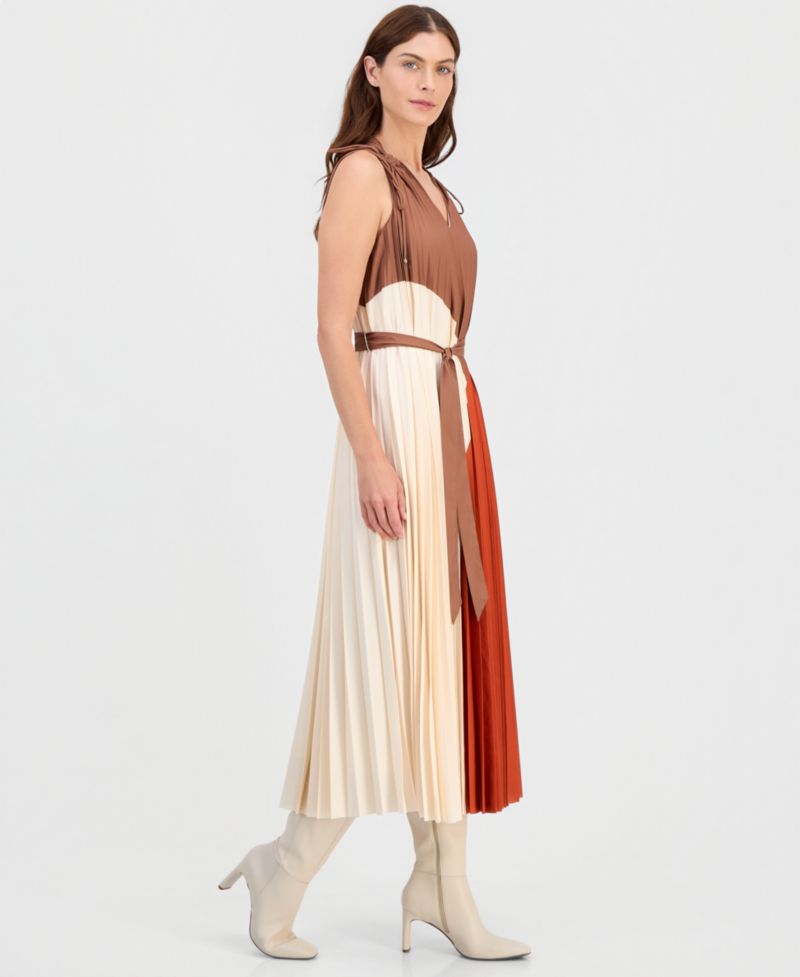 Women's V-Neck Pleated A-Line Midi Dress