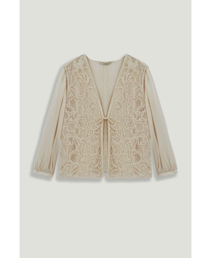 Women's Floral-Lace V-Neck Sheer Sleeve Jacket