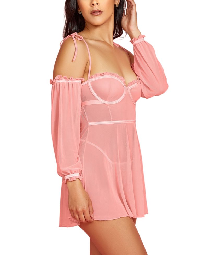 Women’s 2-Piece Babydoll Lingerie Set in Sheer Soft Mesh and Attached off the Shoulder Sleeves