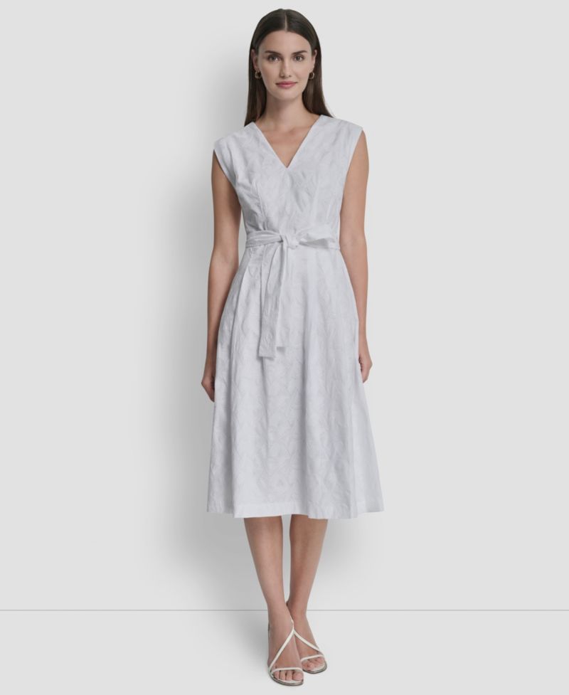Women's Cap-Sleeve V-Neck Embroidered Midi Dress