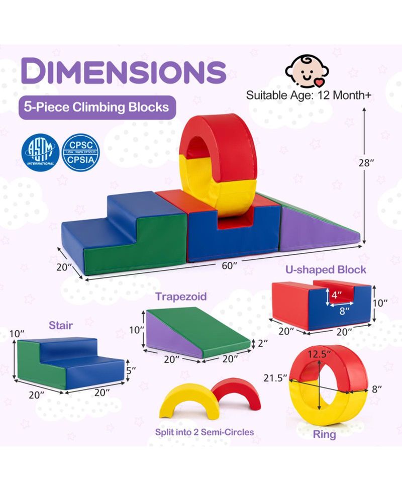 5-Piece Soft Foam Climbing Block Set with Stairs and Ring Tunnel Shapes Ages 1