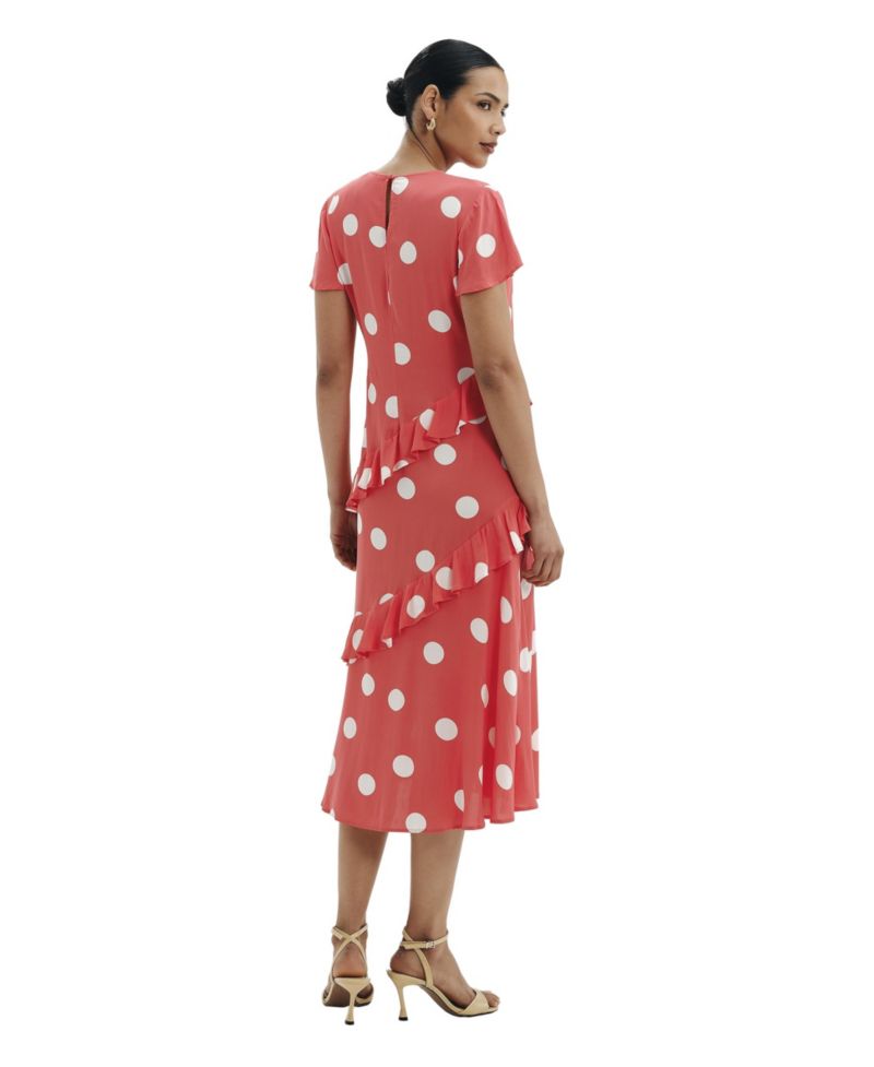 Women's Sierra Polka-Dot Asymmetric-Ruffle Midi Dress