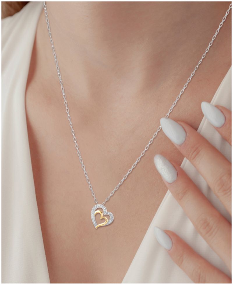 Diamond Double Heart 18" Pendant Necklace (1/10 ct. t.w.) in Sterling Silver & 14k Gold-Plate