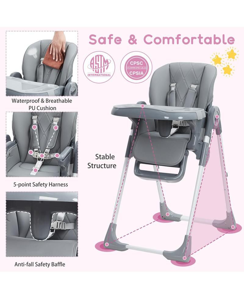 1 Pc Foldable with Removable Tray, Adjustable Height & Recline Easy-Clean Baby High Chair