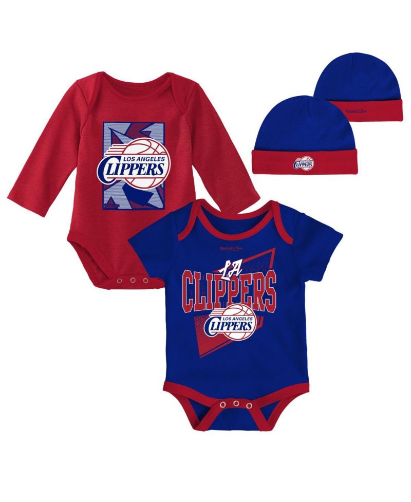 Infant Boys and Girls Royal, Red LA Clippers Hardwood Classics Bodysuits and Cuffed Knit Hat Set