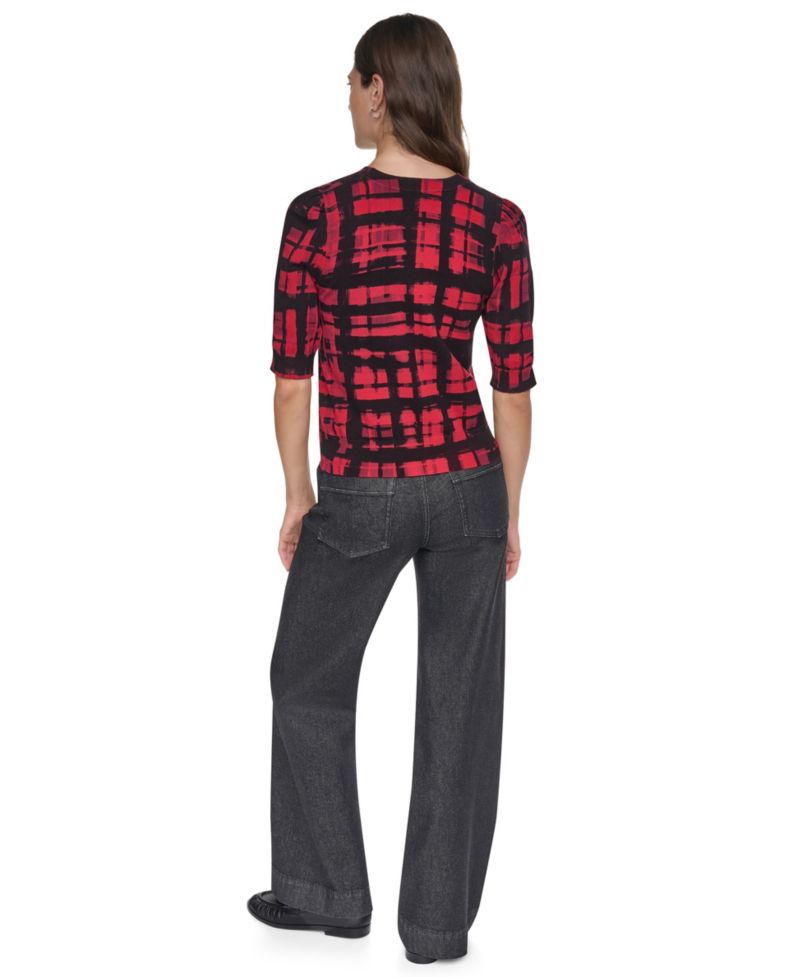 Women's Plaid Elbow-Sleeve Pullover Sweater