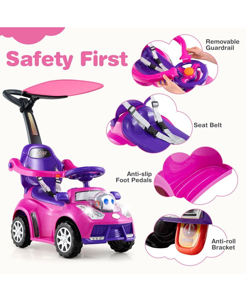 3-in-1 Sliding Walker w/ Adjustable Canopy Horn Music & Light for Boys & Girls