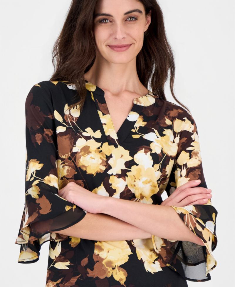Women's Chiffon Floral-Print Split Neck Tunic