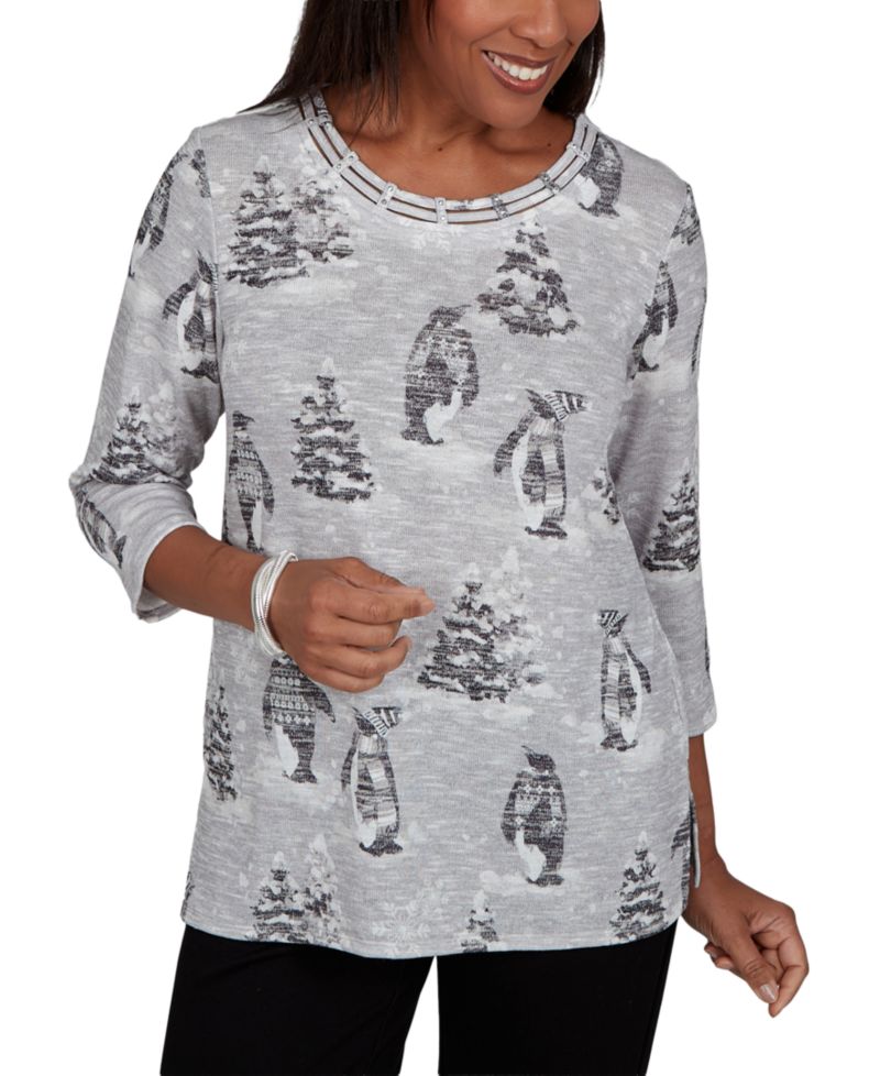 Petite Classic Penguins and Trees 3/4-Sleeve Holiday Knit Top