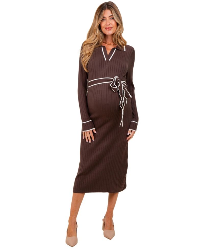 Women's Brown Soft Stretchy Rib Fitted Sweater Midi Dress
