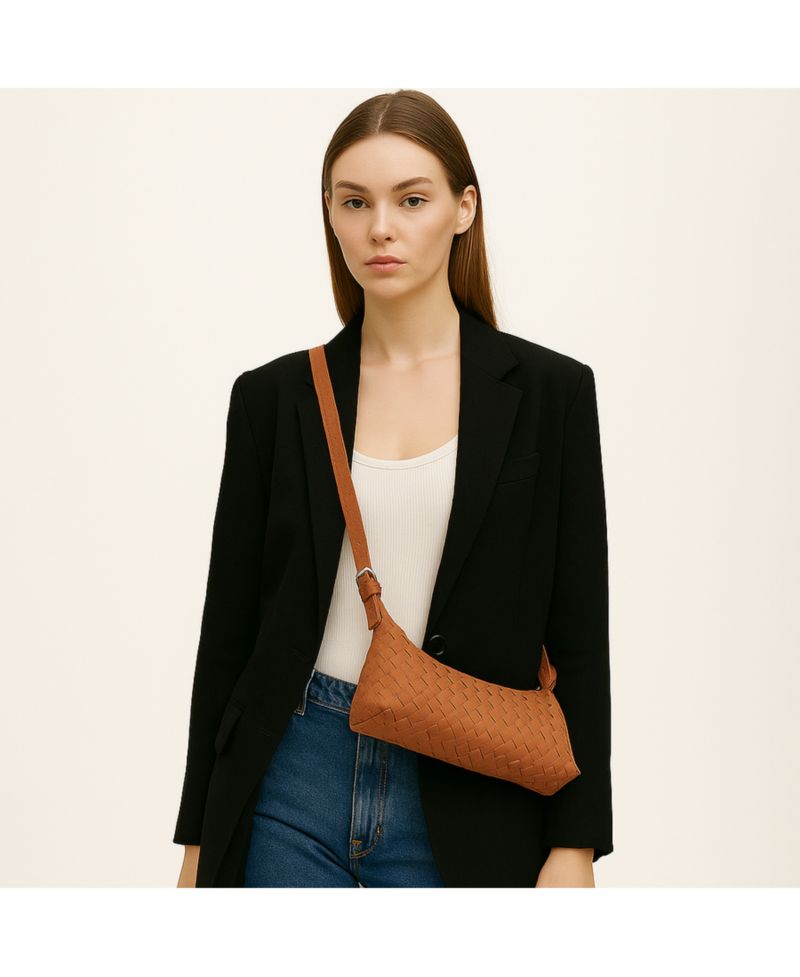 Woven Suede Baguette Bag with Crossbody Strap