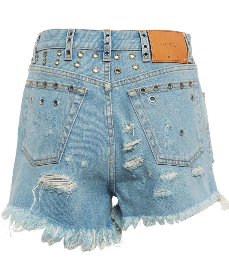 Women's Distressed High-Waisted Embellished Denim Shorts, 7" Inseam
