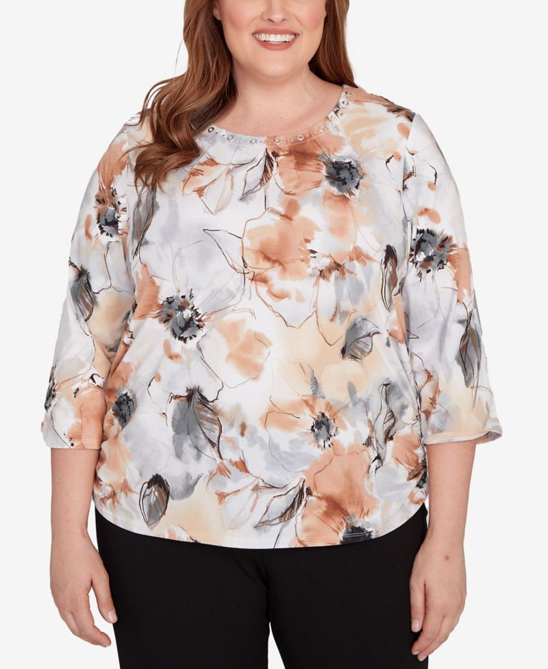 Plus Size Watercolor Floral Gathered Sides Crew Neck Top