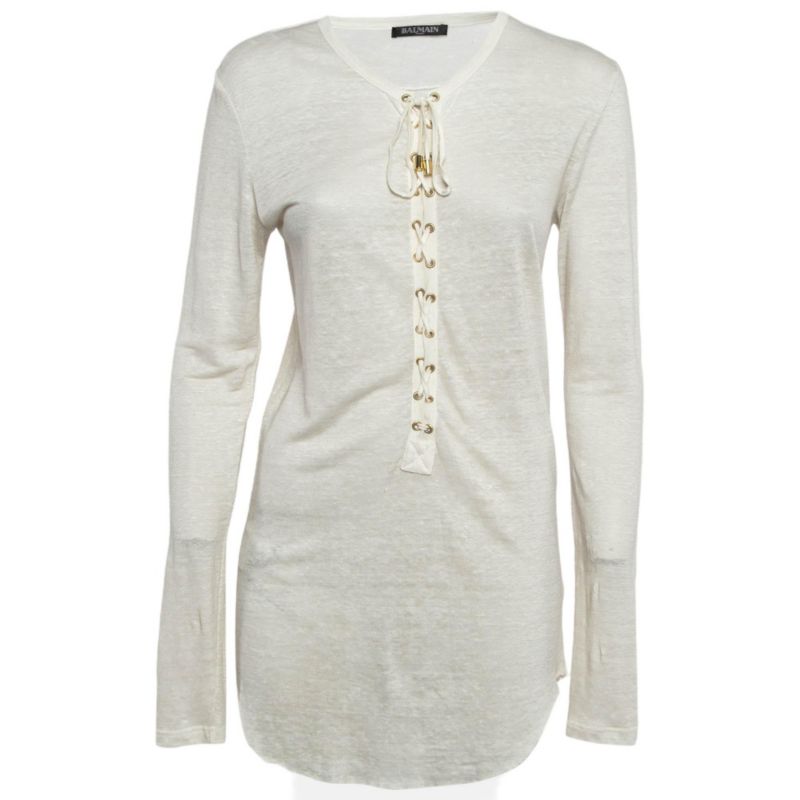 Women's Off-White Linen Knit Lace-Up Top