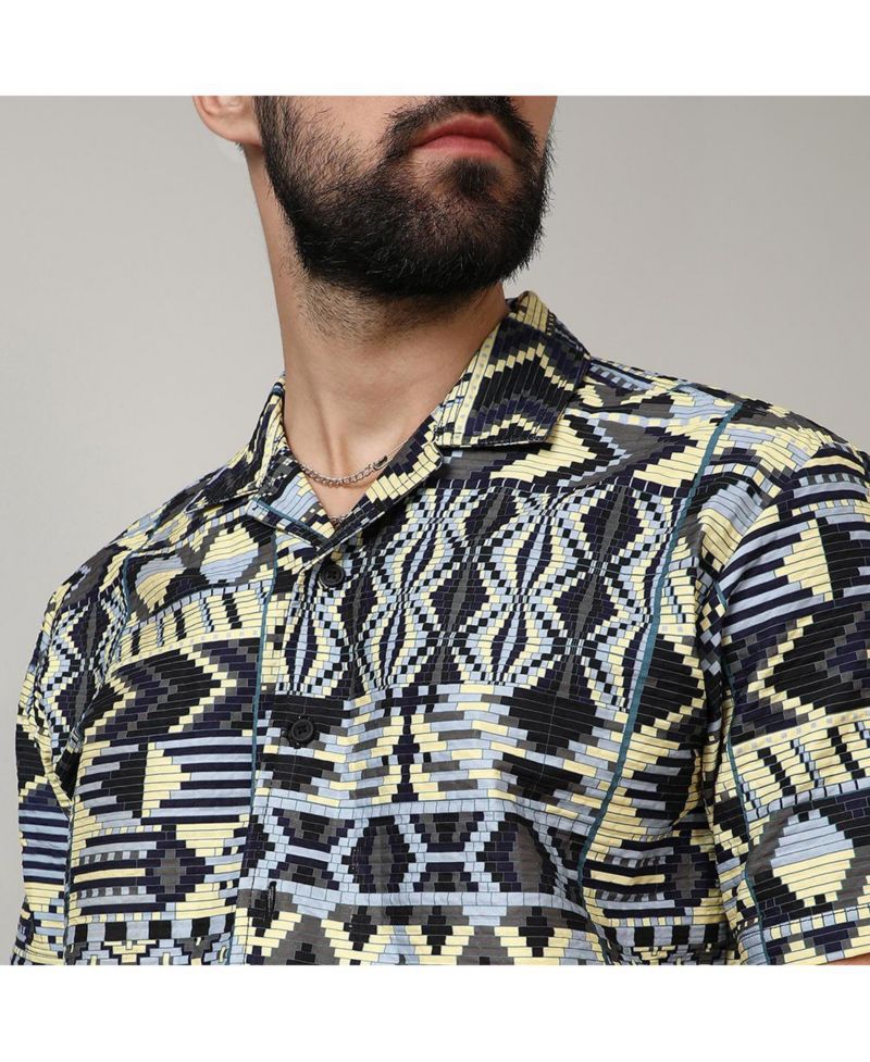 Men's Sky Blue & Lemon Yellow Bohemian Shirt