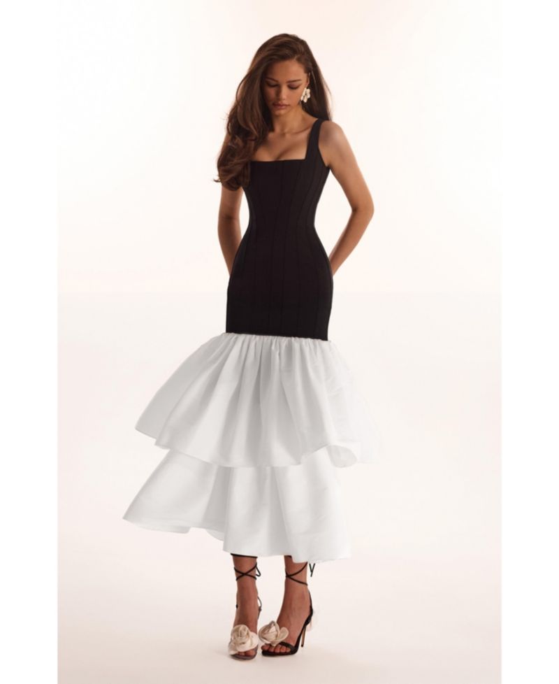 Women's Black Fitted Maxi Dress With Puffy Tiered Skirt