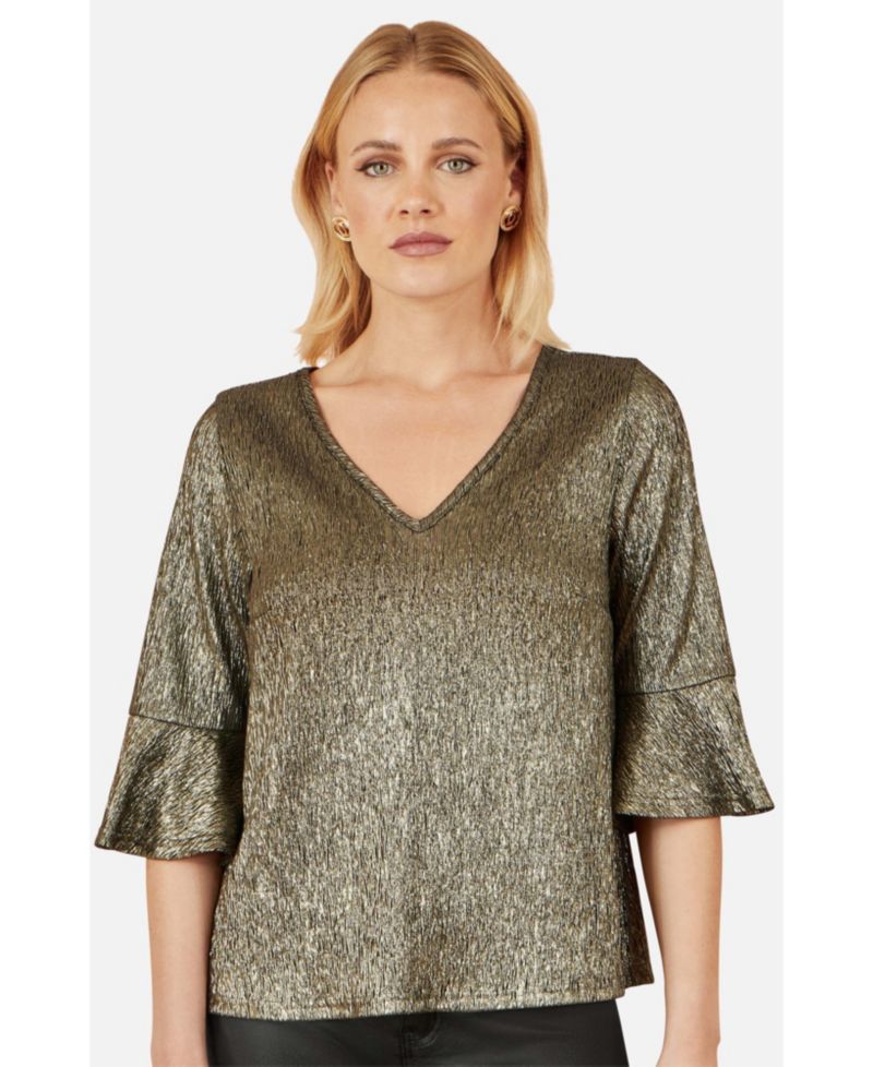 Women's Fluted Sleeve Metallic Stretch Top