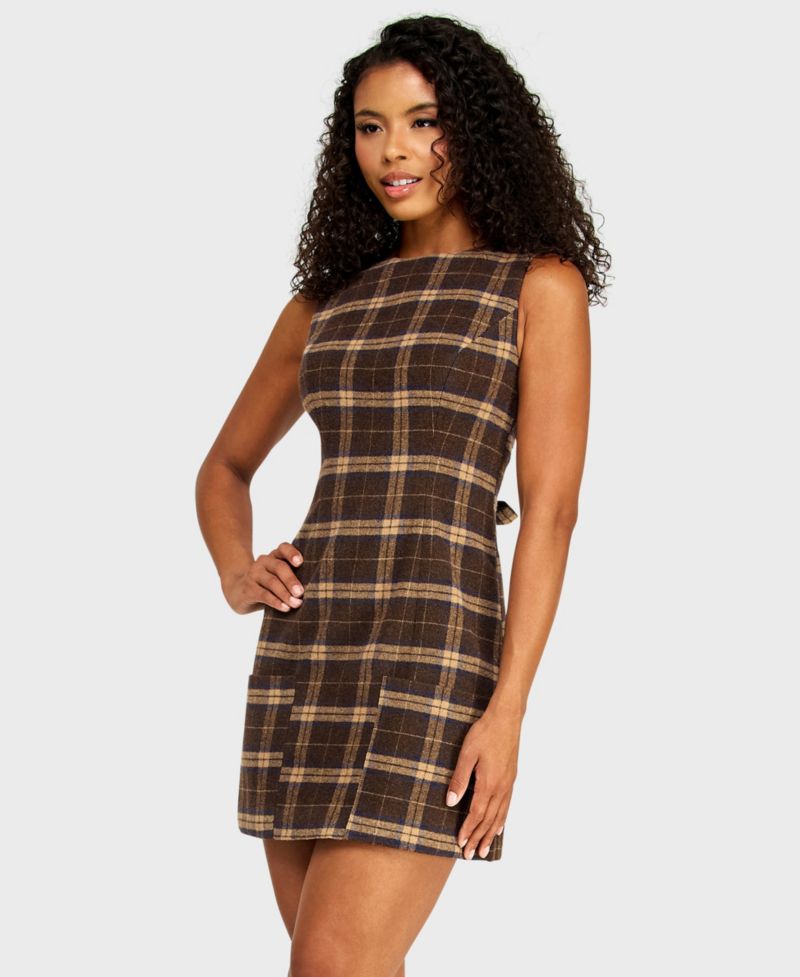 Juniors' Plaid Tie-Back Mini Dress