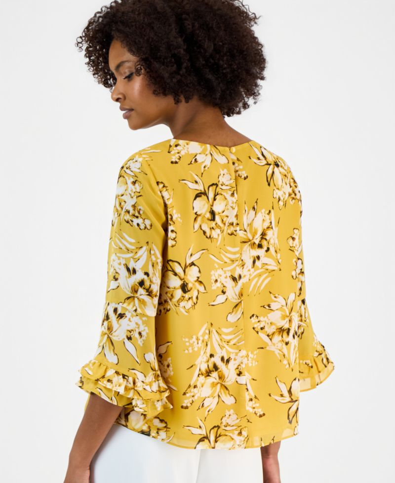 Women's 3/4 Ruffled-Sleeve Printed Top, Regular & Petite