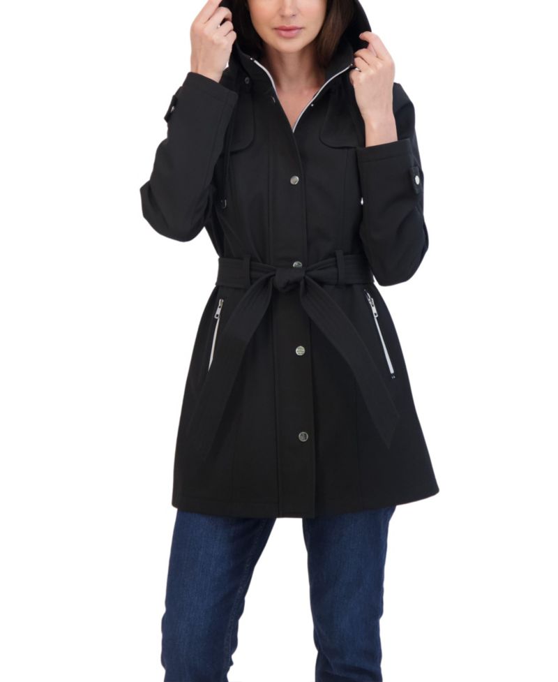Women's Belted Zip Front Soft Shell Trench Coat With Detachable Hood