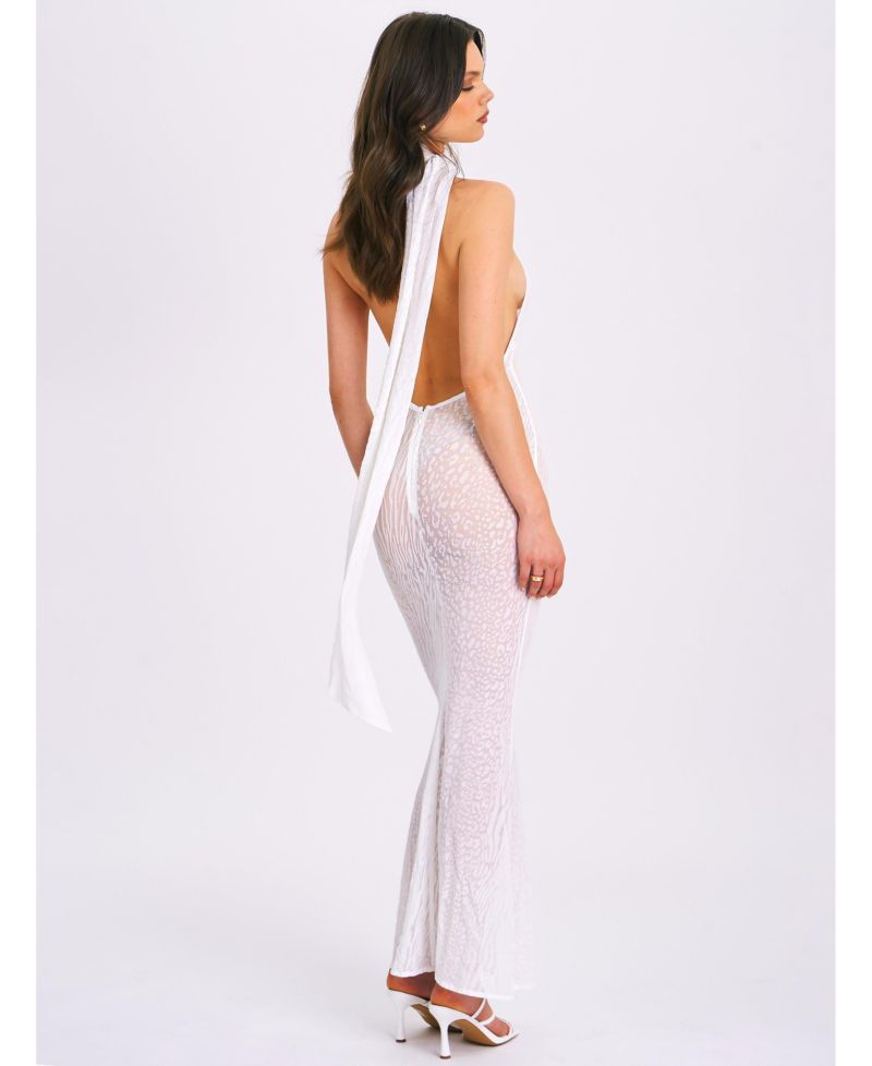 Women's Olena White Burnout Velvet Animal Print Mesh Halter Neck Maxi Dress