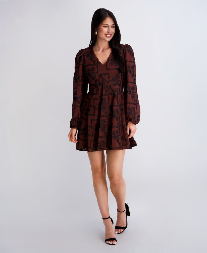 Women's Embroidered V-Neck Blouson Sleeve Mini Dress