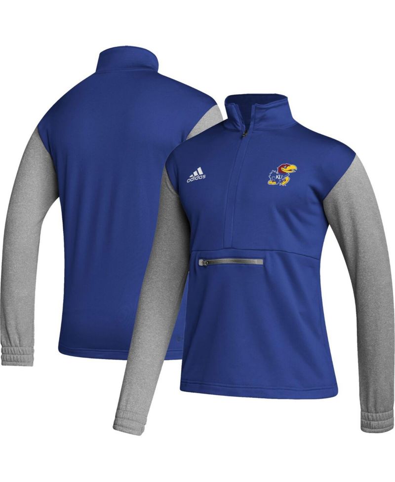 Men's Royal, Heathered Gray Kansas Jayhawks Team AEROREADY Half-Zip Top