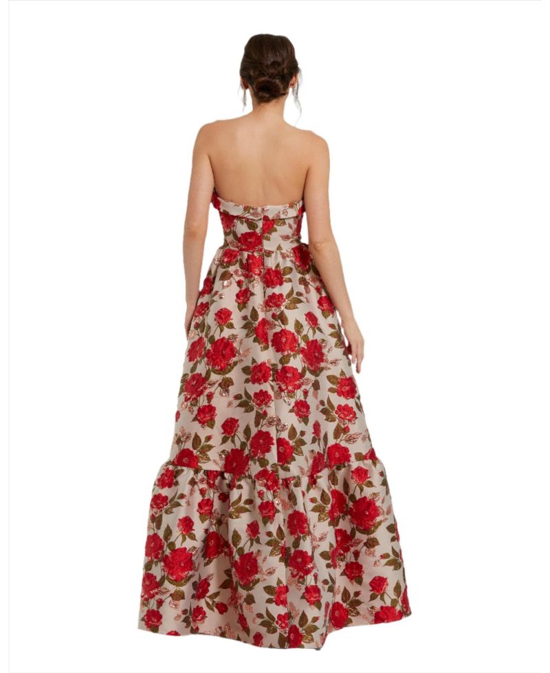 Women's Brocade Strapless Floral Gown With Ruffle Hem