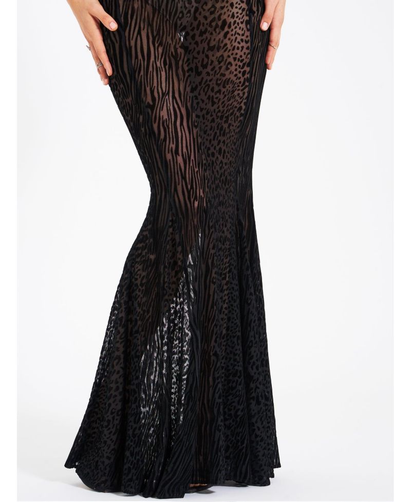 Women's Ulani Black Burnout Velvet Detail Mesh Maxi Dress