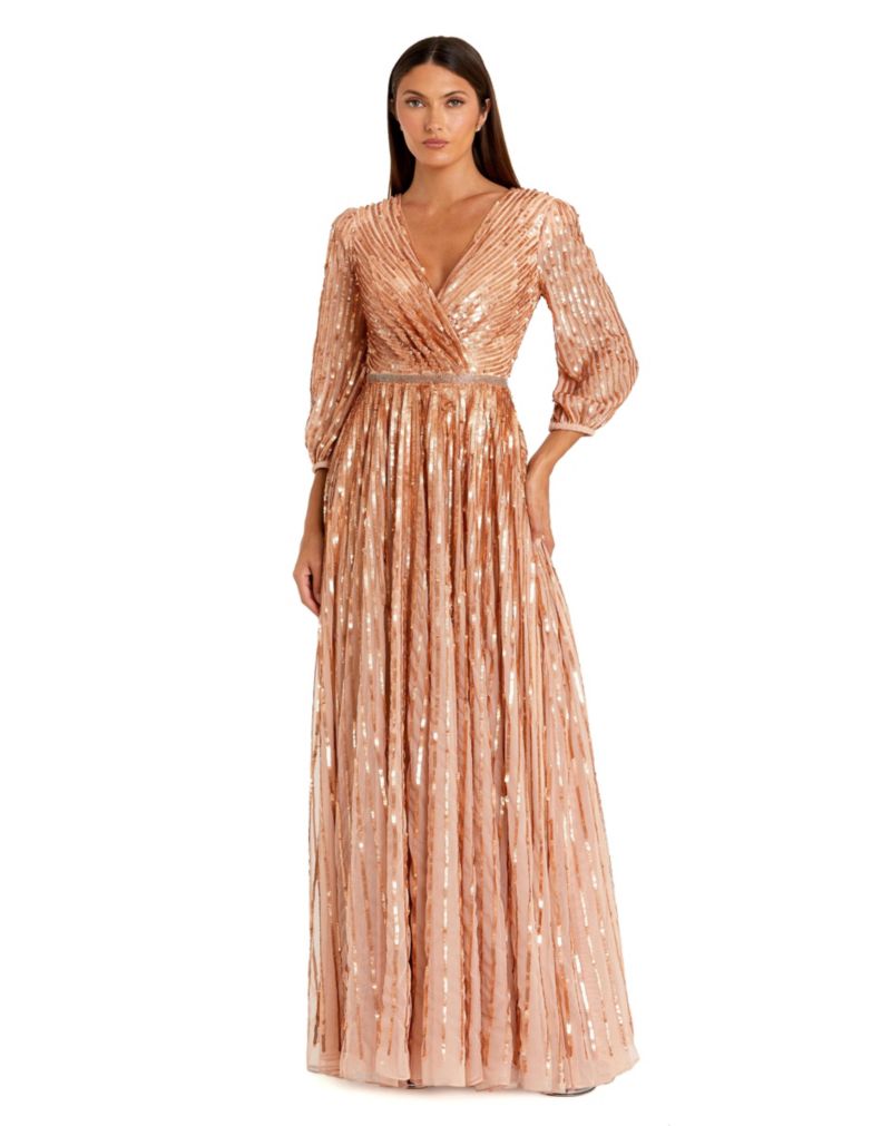 Women's Sequined Wrap Over 3/4 Sleeve Gown