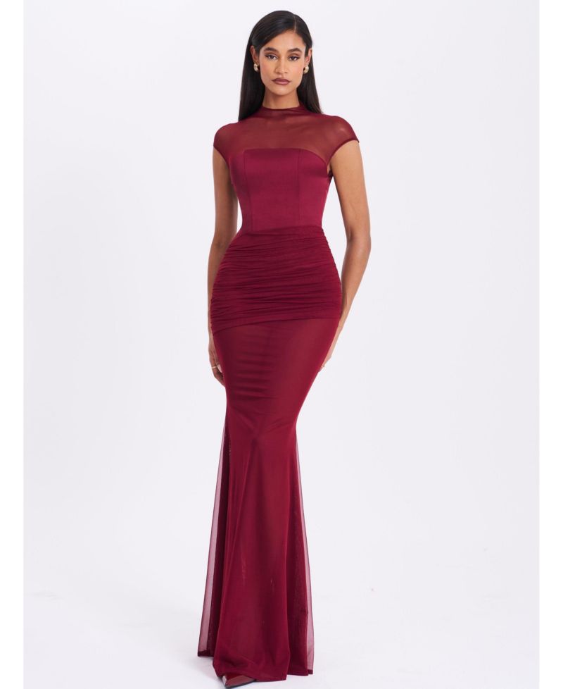 Women's Fabienne Burgundy Mesh Cap Sleeve Mermaid Gown
