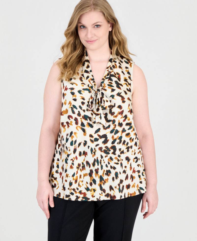 Plus Size Tie Front Animal-Print Sleeveless Blouse
