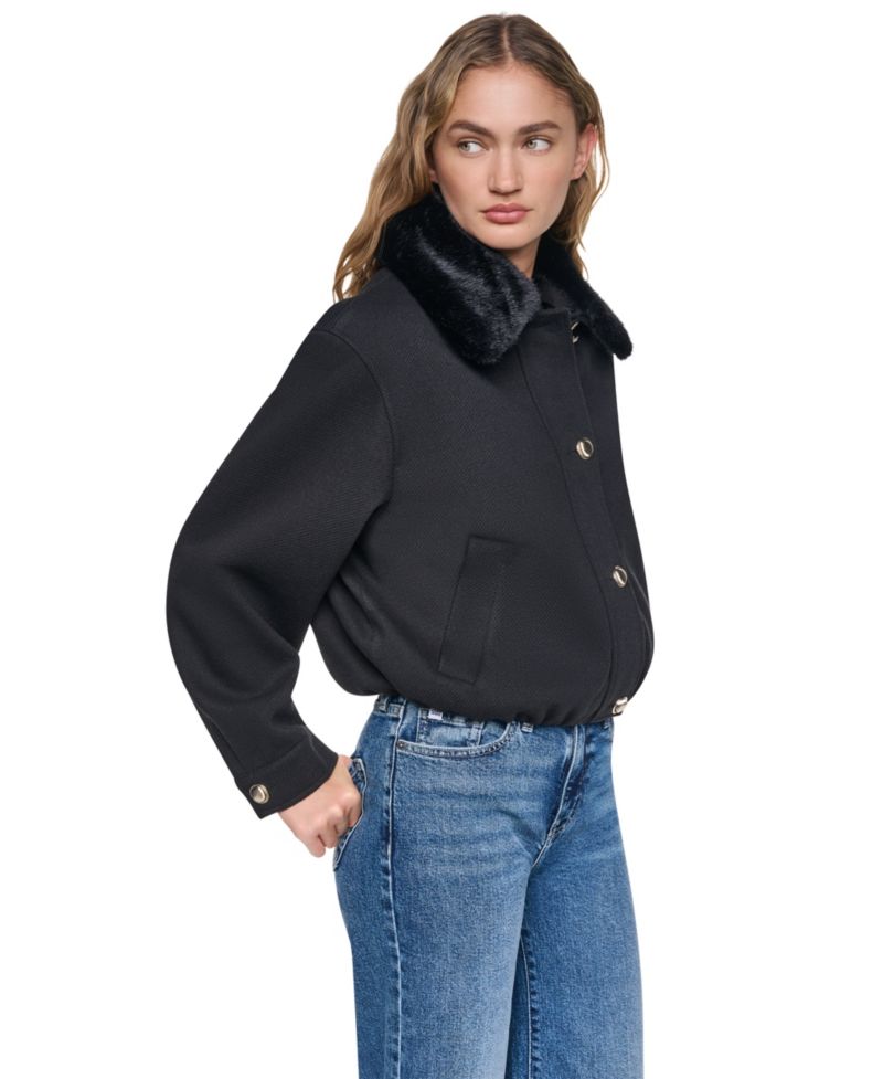 Women's Cropped Faux-Fur Collar Bomber Jacket