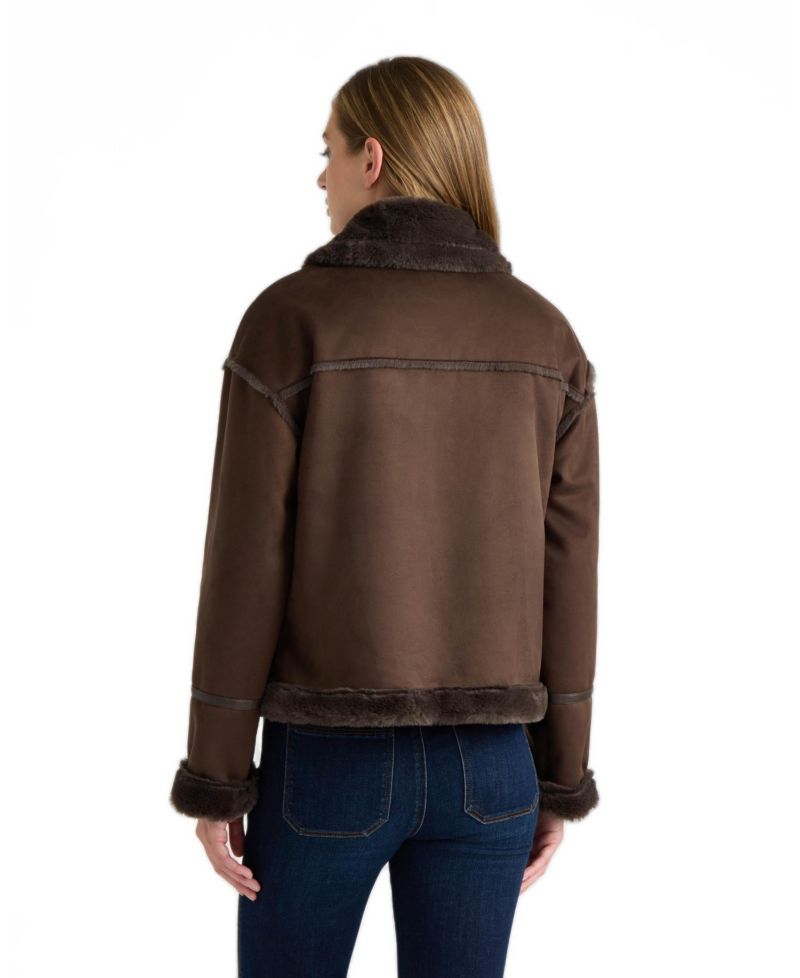 Women's Short Faux Suede Bonded to Faux Fur Shearling Biker Jacket