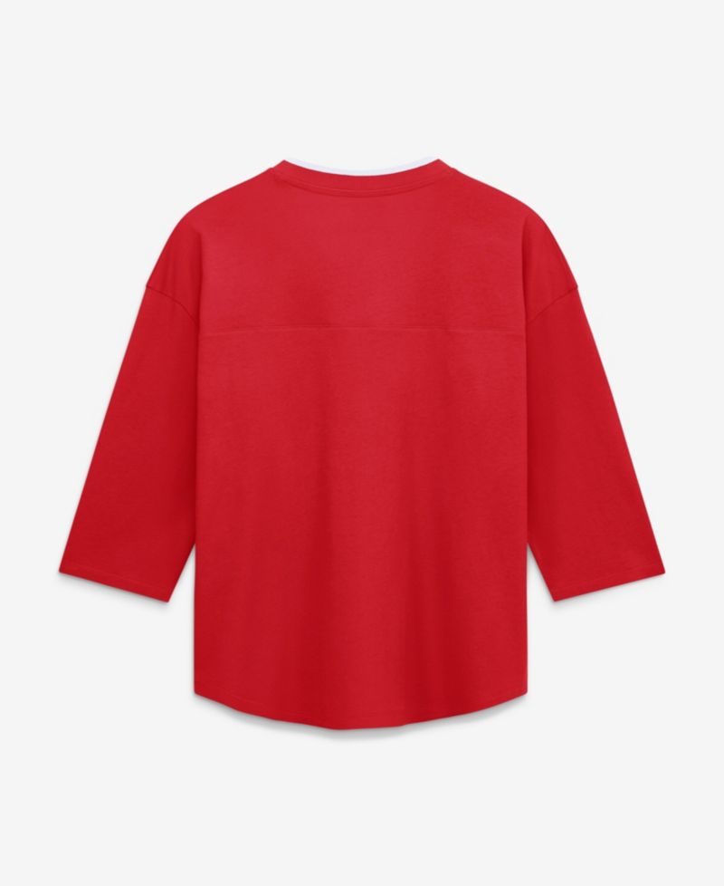 Women's Kansas City Chiefs Team First Deceptive Juke 3/4-Sleeve V-Neck Oversized Graphic T-Shirt