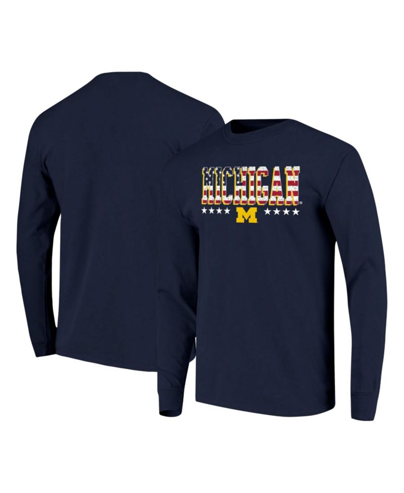 Men's Navy Michigan Wolverines Tall Type Flag Long Sleeve T-Shirt
